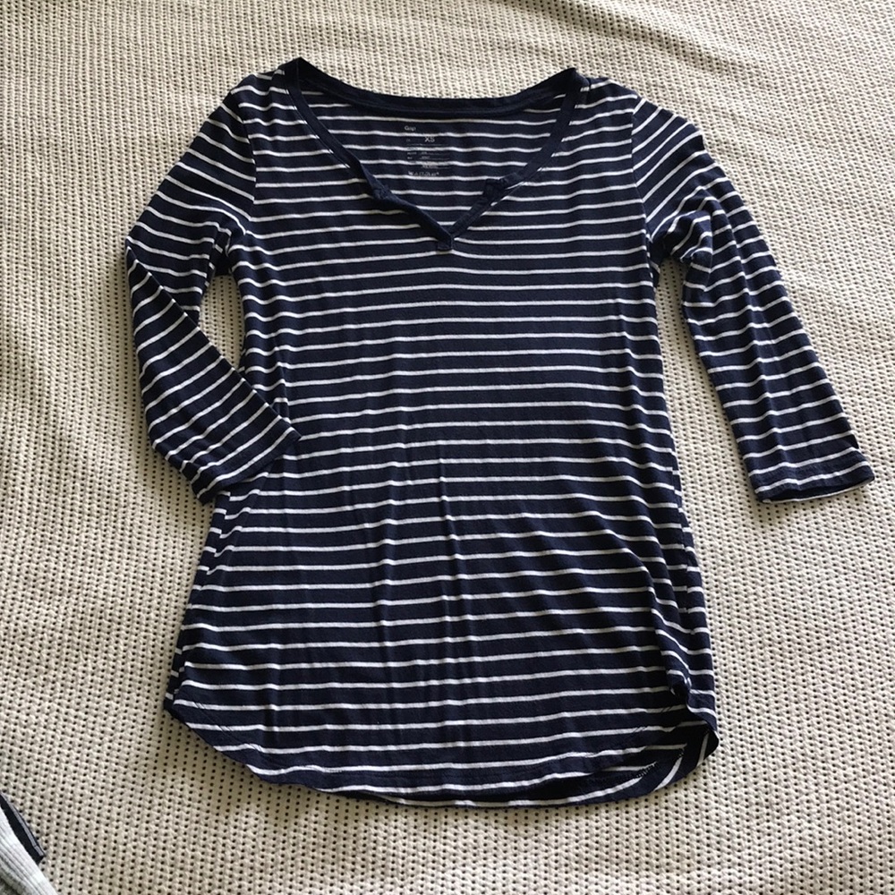 White and navy striped top